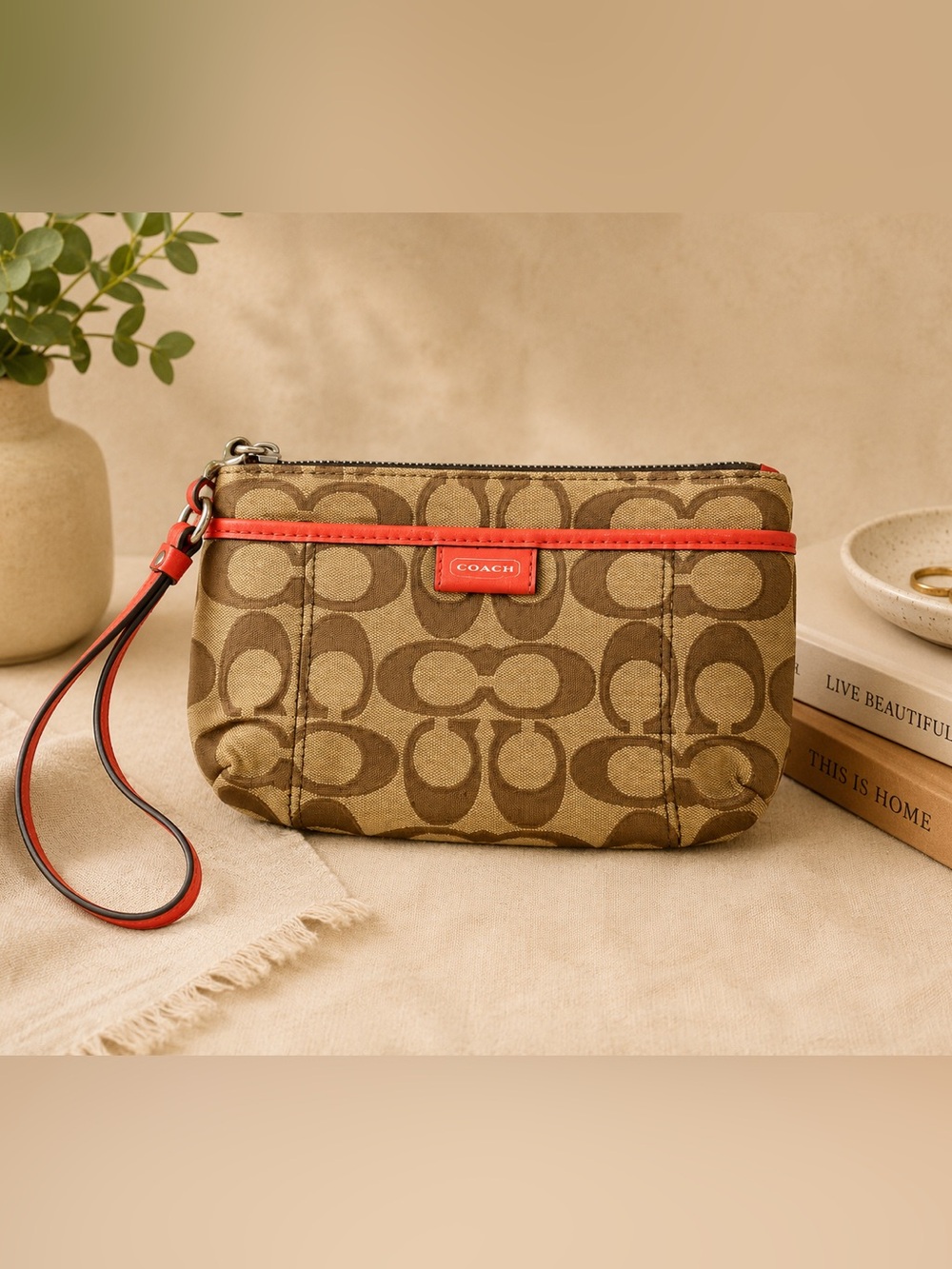 COACH Khaki Signature Canvas Wristlet with Coral Trim